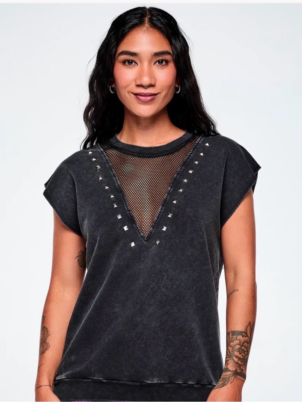 Zumba Fitness Black Studded Mesh V-Neck Short Sleeve Top